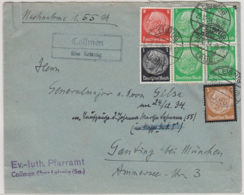 DR - Collmen ü. Leisnig, Landpost-Ra2 a. Nachnahmebrief n. Gauting 1934