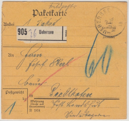 Bayern - Übersee 1918, unfreie Paketkarte/60 Pfg. Nachporto n. Landshut