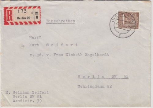 Berlin - 60 Pfg. Stadtbilder, Orts-Einschreibebrief Berlin 1959, ohne Inhalt