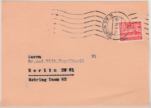 Berlin - 20 Pfg. Bauten, Ortsbrief-Vorderseite (bis 250 gr) Berlin SW11, 1956