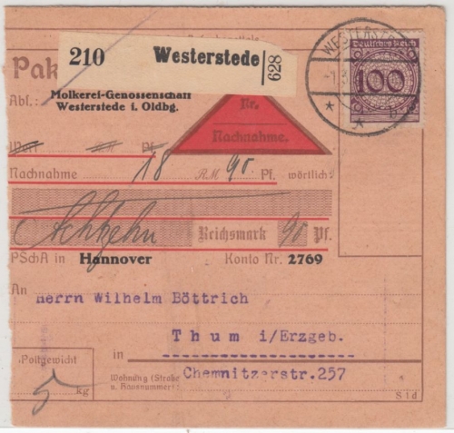 DR - 100 Pfg. Korbdeckel, Nachnahme-Paketkarte Westerstede - Thum 1930