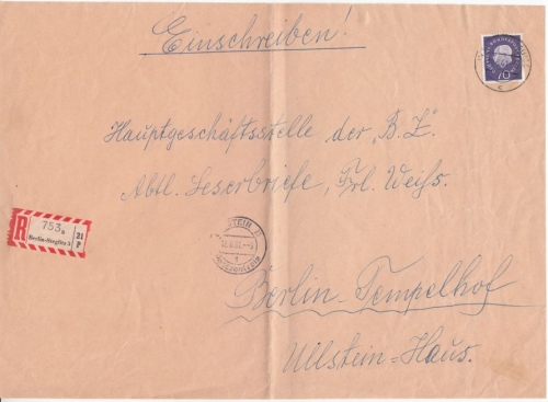 Berlin - 70 Pfg. Heuss Medaillon, Orts-Einschreibebrief-Vds. (bis 250 gr) 1961