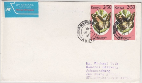 Kenya - 2x2,50 Sh. Schmetterlinge, Luftpostbrief Nairobi - Johannesburg 1991