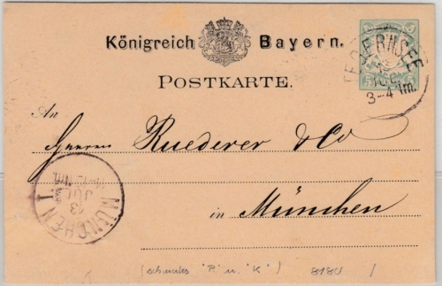Bayern - 5 Pfg. Wappen GA-Karte , K1 Tegernsee - München 1878