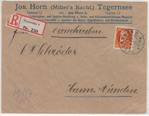 Bayern - 30 Pfg. Ludwig/Frieden, Einschreibebrief Tegernsee - Hann.Münden 1915