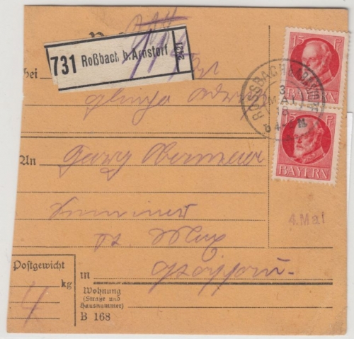 Bayern - 2x15 Pfg. Ludwig, Paketkarte Roßbach b. Arnstorf n. Passau