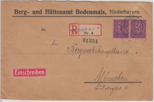 DR-Infla - 3x50+30x1 M. Ziffer, Dienst-Einschreibebrief Bodenmais - München 1923