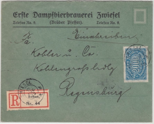 DR-Infla - 2000 M. Queroval, Einschreibebrief Zwiesel - Regensburg 17.8.23