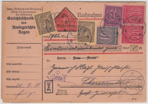 DR-Infla - 2x100 M. Ziffer u.a., Dienst-Nachnahmekarte, Reserve-K2 Regen 20.7.22