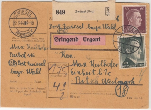 DR - 1 RM, 60+15 Pfg. AH, Dringend-Paketkarte Zwiesel - Bitsch 1944