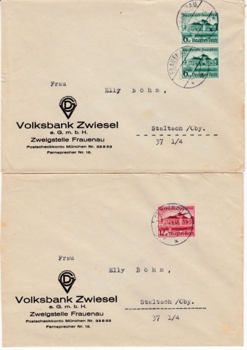 DR - 2x6 und 12 Pfg. Gautheater Saarpflaz, 2 Briefe Frauenau - Staltach 1938