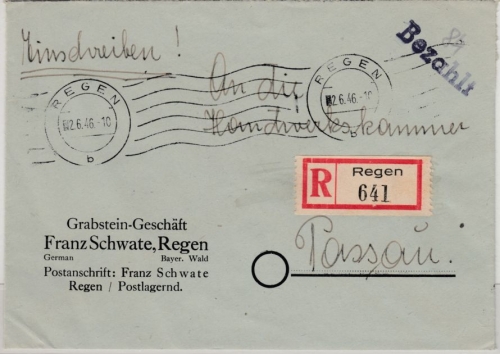 All.Bes. - Regen 2.6.46 (Handroll-Stpl.), Bezahlt-L1, Einschreibebrief n. Passau