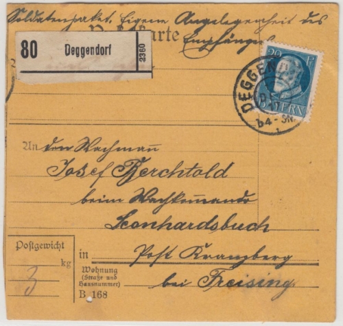 Bayern - 20 Pfg. Ludwig, Soldaten-Paketkarte Deggendorf - Freising 1917