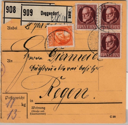 Bayern - 3x50+30 Pfg. Ludwig, Paketkarte/2 Pakete Deggendorf - Regen 1919