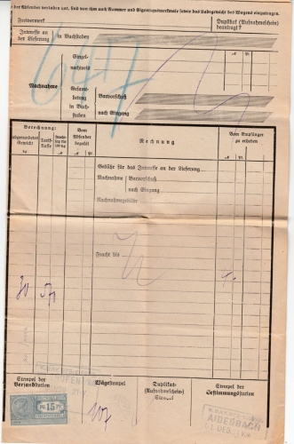 DR-Infla - Vilshofen 1921, Eisenbahn-Frachtbrief m. 15 Pfg. Stpl.marke n.
