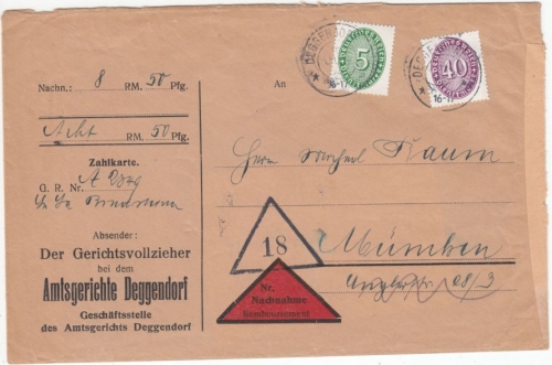 DR - 40+5 Pfg. Strohhut, Dienst-Nachnahmebrief Deggendorf - München 1932