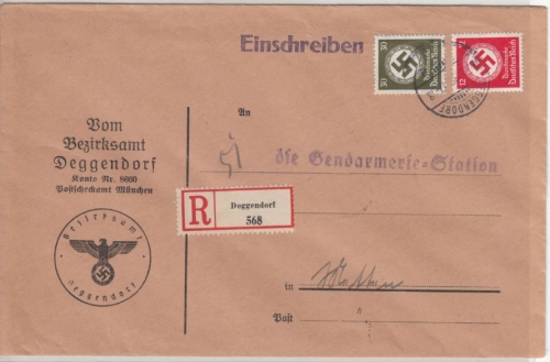 DR - 30+12 Pfg. Hkr., Dienst-Einschreibebrief Deggendorf - Metten 1938