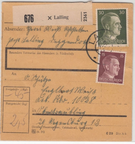 DR - Lalling 1943, nachv. bayer. K2 a. Paketkarte n. Obertraubling