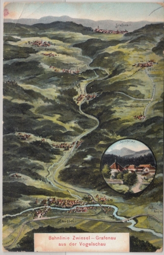 Bayern - Zwiesel - Grafenau Bahnlinie, farb. Vogelperspektive-AK, ca. 1910