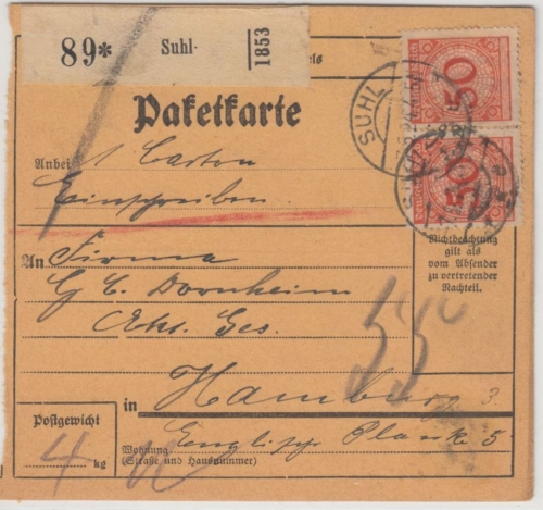 DR - 2x50 Pfg. Korbdeckel, Einschreibe-Paketkarte Suhl - Hamburg 1924