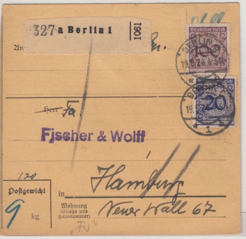 DR - 20+100 Pfg. Korbdeckel/Perfin "FW", Paketkarte Berlin - Hamburg 1924