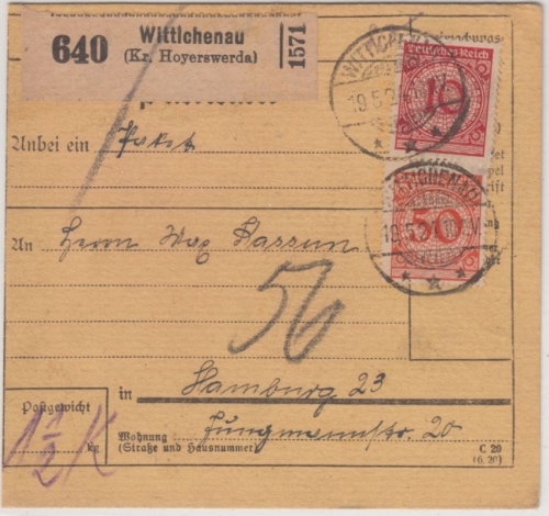 DR - 10+50 Pfg. Korbdeckel, Paketkarte Wittichenau (Kr. Hoyerswerda) 1924 n.