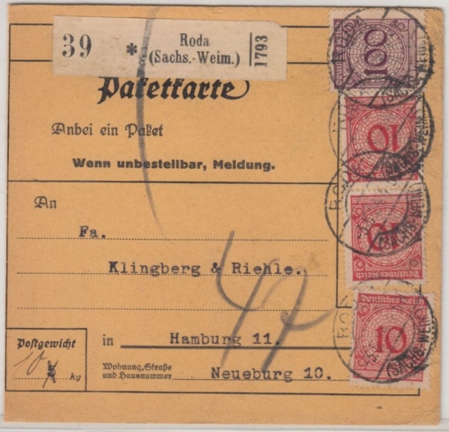 DR - 100+3x10 Pfg. Korbdeckel, Paketkarte Roda (Sachs.-Weim.) - Hamburg 1924