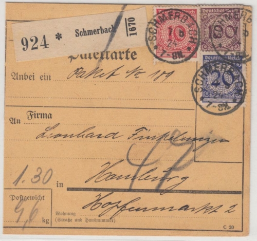 DR - 100+20+10 Pfg. Korbdeckel, Paketkarte Schmerbach - Hamburg 1924