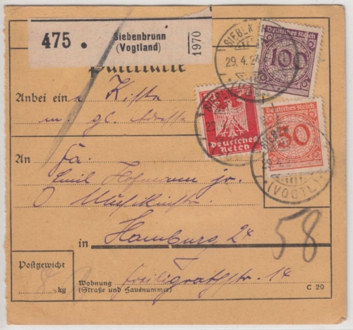 DR - 100+50 Pfg. Korbdeckel u.a., Paketkarte Siebenbrunn (Vogtland) 1924