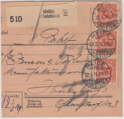 DR - 3x50+3x10 Pfg. Korbdeckel, Paketkarte Heide (Holstein) - Hamburg 1924