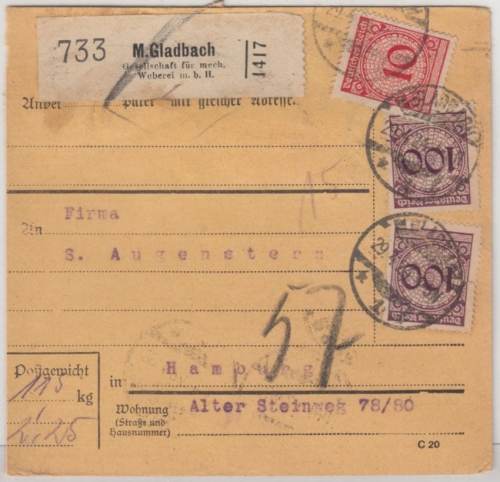 DR - 2x100 Pfg. Korbdeckel u.a., Paketkarte/Selbstbucher M.Gladbach 1924