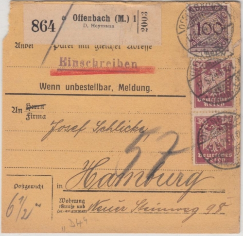 DR - 100 Pfg. Korbdeckel/Perfin "DH" u.a., Paketkarte/Selbstbucher Offenbach n.