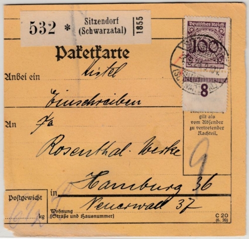 DR - Sitzendorf (Schwarzatal), 100 Pfg. Korbdeckel a. Paketkarte n. Hamburg 1924