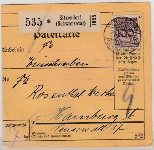 DR - 100 Pfg. Korbdeckel, Paketkarte Sitzendorf (Schwarzatal)- Hamburg 1924