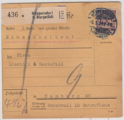 DR - 100 Pfg. Korbdeckel, Einschreibe-Paketkarte Göppersdorf b. Burgstädt 1924