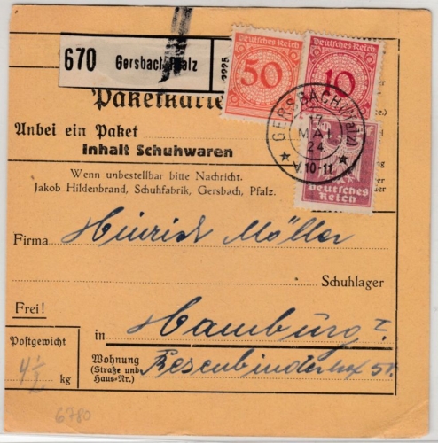 DR - 50 Pfg. Korbdeckel u.a., Paketkarte Gersbach Pfalz - Hamburg 1924