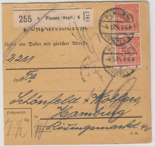 DR - 10+20+50 Pfg. Korbdeckel, Paketkarte Sielbeck-Uklei (Ostholstein) 1924 n.