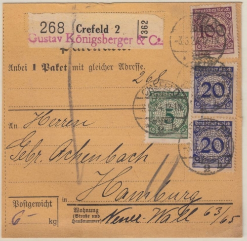 DR - 100+2x20+5 Pfg. Korbdeckel, Paketkarte/Selbstbucher Crefeld 2 - Hamburg
