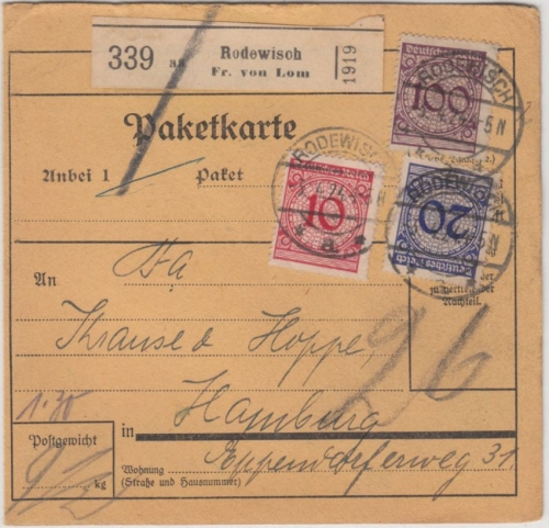 DR - 100+20+10 Pfg. Korbdeckel, Paketkarte/Selbstbucher Rodewisch - Hamburg 1924