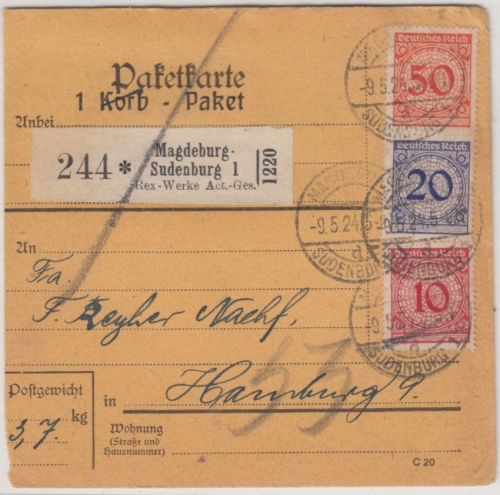 DR - 50+20+10 Pfg. Korbdeckel, Paketjkarte/Selbstbucher Magdeburg-Sudenburg 1924