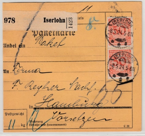DR - 2x50 Pfg. Korbdeckel u.a., Paketkarte Iserlohn - Hamburg 1924