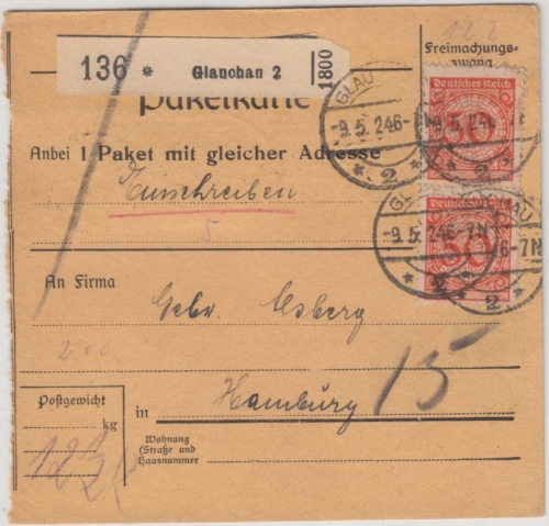DR - 4x50 Pfg. Korbdeckel, Einschreibe-Paketkarte Glauchau 2 - Hamburg 1924