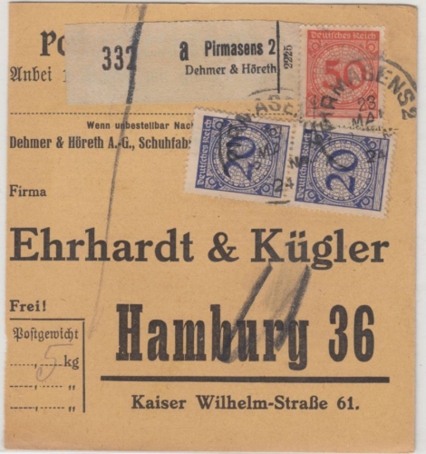 DR - 50+2x20 Pfg. Korbdeckel, Paketkarte/Selbstbucher Pirmasens 2 - Hamburg 1924