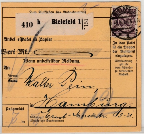 DR - 100 Pfg. Korbdeckel, Paketkarte Bielefeld - Hamburg 1924