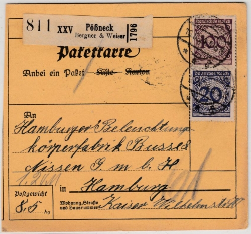 DR - 100+20 Pfg. Korbdeckel, Paketkarte/Selbstbucher Pößneck - Hamburg 1924