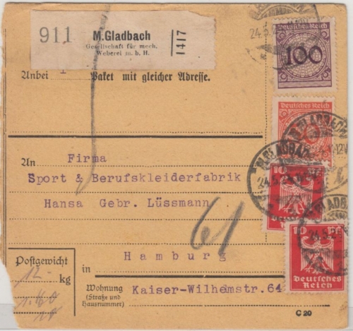 DR - 100 Pfg. Korbdeckel u.a., Paketkarte/Selbstbucher M.Gladbach - Hamburg 1924
