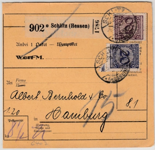 DR - 100+20 Pfg. Korbdeckel, Paketkarte Schlitz (Hessen) - Hamburg 1924