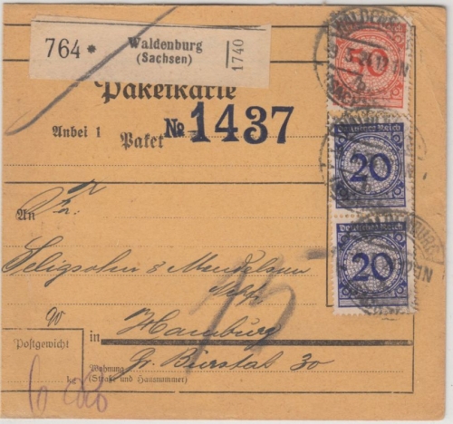 DR - 50+2x20 Pfg. Korbdeckel, Paketkarte Waldenburg (Sachsen) - Hamburg 1924