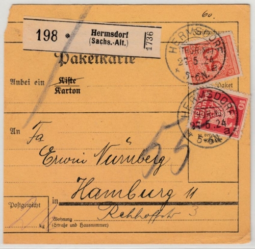 DR - Hermsdorf (Thüring.) 27.5.24, KOS a. Paketkarte n. Hamburg