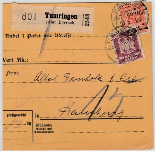 DR - Tumringen (Amt Lörrach) 10.5.24, KOS a. Paketkarte n. Hamburg